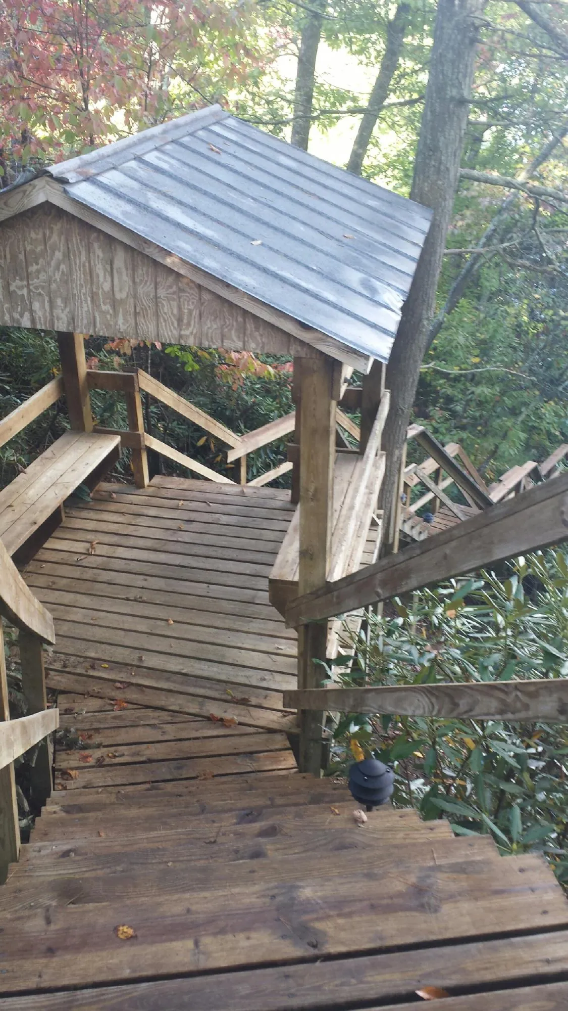 Metal roofed shelter over wooden steps on a wooded walkway — Skylight Repair & Installation work by our crew in Youngtown